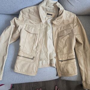 Tahari Beige Leather Moto Jacket